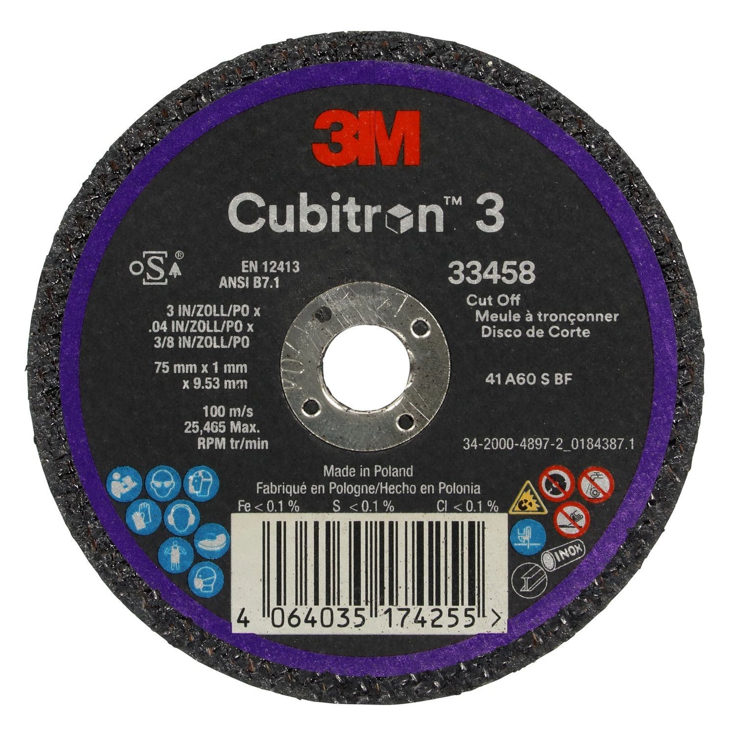 3M™ Cubitron™, 33458, 3 Cut-Off Wheel, 75 mm x 1 mm x 9.53 mm (5pk)