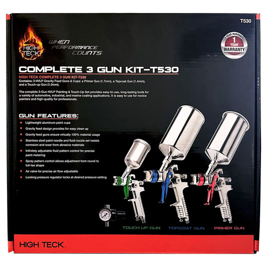 Juego completo de pintura y retoque HVLP de 3 pistolas High Teck™ T530 Performance Series, aluminio