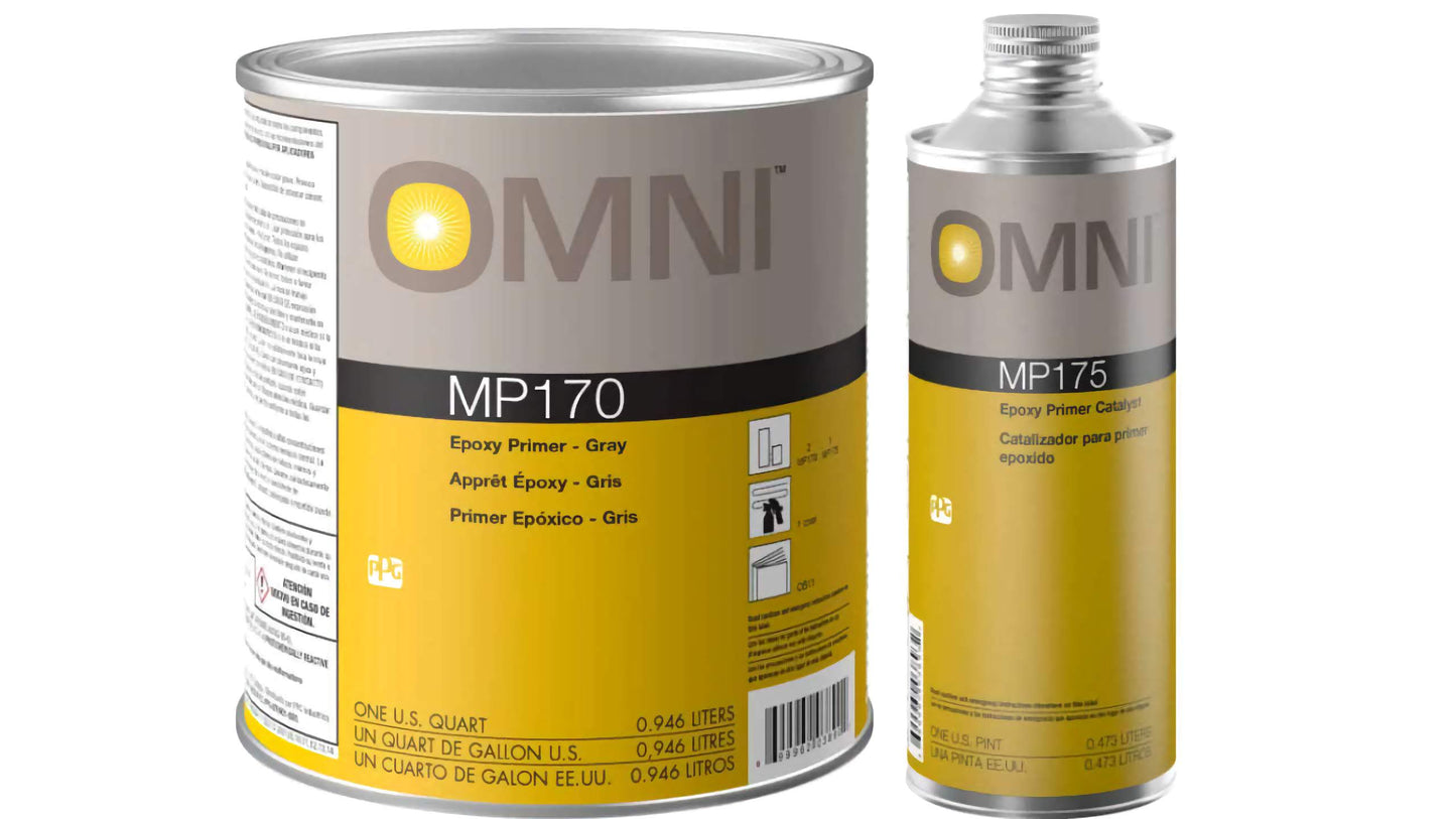 Two containers of automotive body primer, one labeled as 'OMNI MP170 Epoxy Primer - Gray' in a larger container, and another as 'MP175 Epoxy Primer Catalyst' in a smaller container.