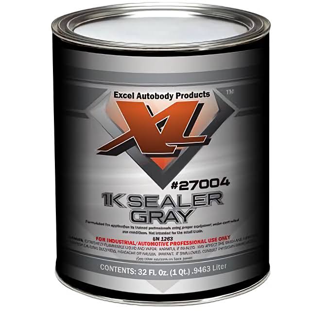 A can of 1K Sealer in gray color, branded by Excel Autobody Products, used for vehicle body work.