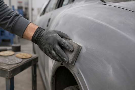 Someone using a sanding block to sand vehicle.