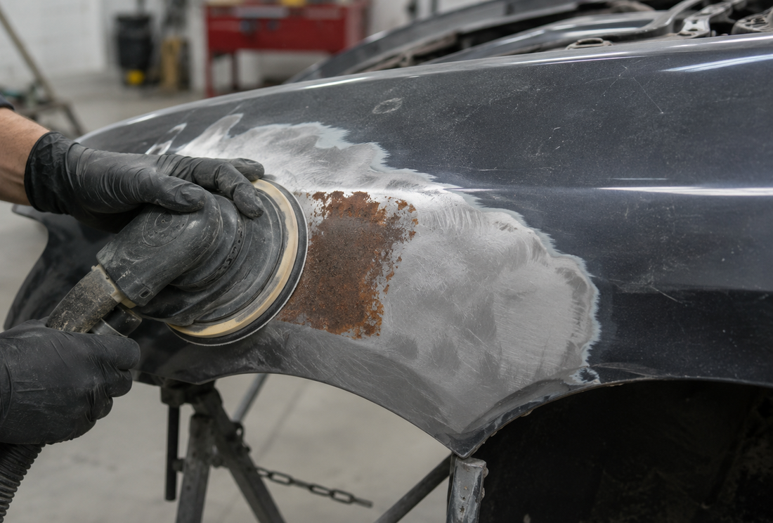 Technician sanding rust