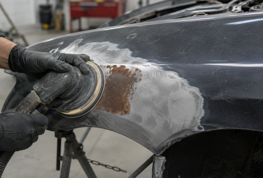 Technician sanding rust