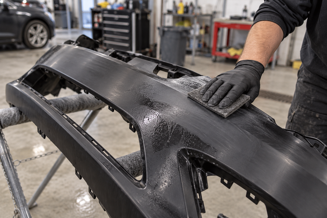 Scuffing and cleaning a plastic bumper before adhesion promoter