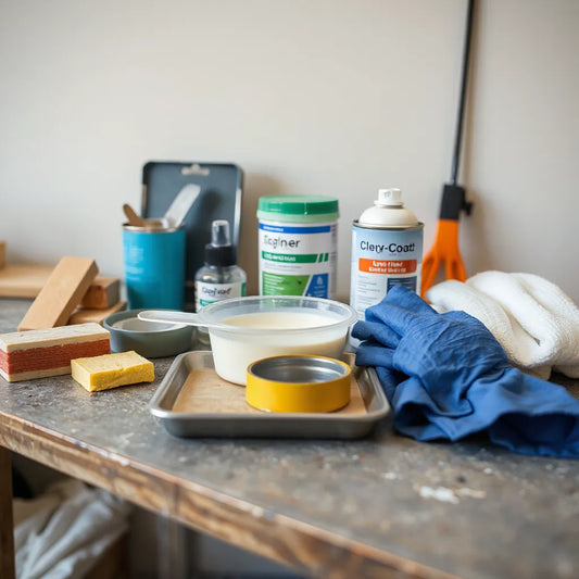 Neatly organized auto body repair supplies on a clean workbench, including sanding tools, filler, and primer