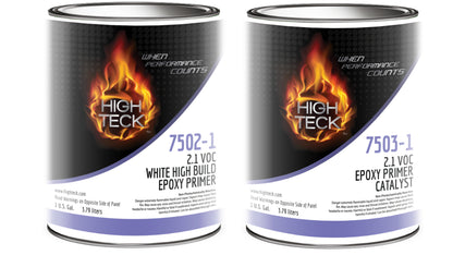 Two High Teck epoxy primer cans with flame design on a white background