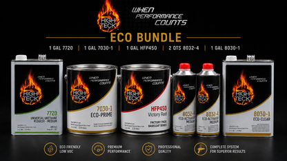 High Tech Eco Bundle product lineup on a black background, featuring multiple industrial fluid containers including 7720 Universal Wetting Agent, 7030-1 Eco-Prime, HFP450 Victory Fuel, 8032-4 Eco-Action Neat, 8032-1 Eco-Action Clear, and 8030-1 Eco Bundle kit box, with flame graphics and product names.