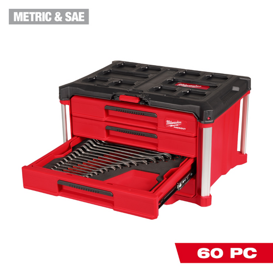 60 Piece Metric and SAE Combination Wrench Set with PACKOUT 4 Drawer Tool Box