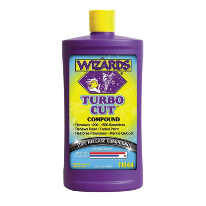 Wizards Turbo Cut 11044 Time Release Compound 32 oz bottle for automotive paint correction and high-gloss finishing.