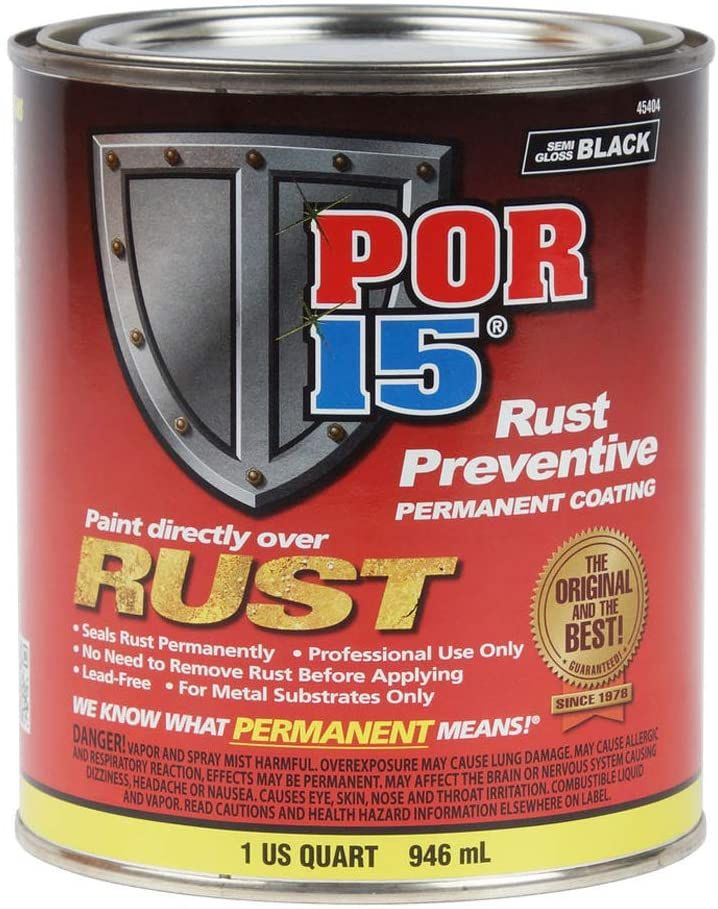 POR-15 45404 semi-gloss black rust preventive coating 1-quart can for automotive frames chassis and metal restoration.
